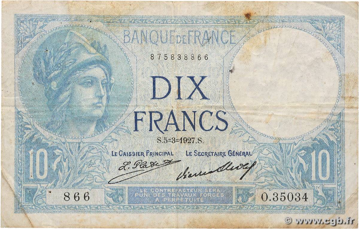 10 Francs MINERVE FRANCIA  1927 F.06.12 RC+