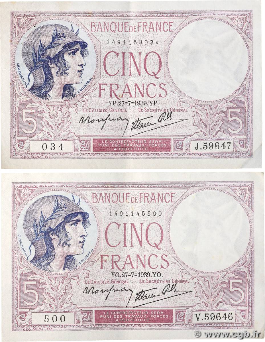 5 Francs FEMME CASQUÉE modifié Lot FRANCE  1939 F.04.03 TTB+