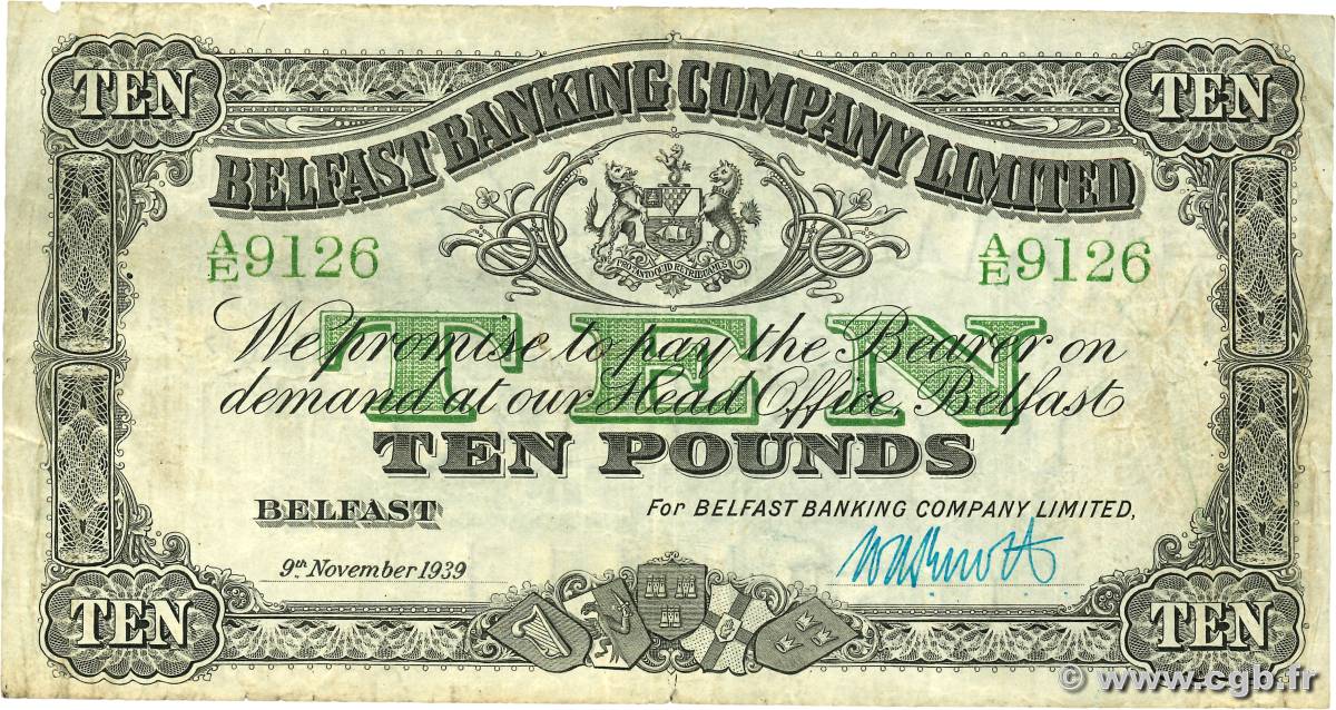 10 Pounds  NORTHERN IRELAND Belfast  1939 P.128b S