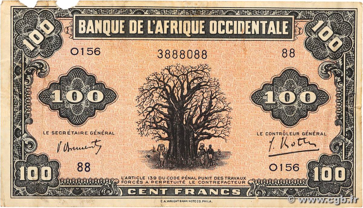 100 Francs FRENCH WEST AFRICA  1942 P.31a MB