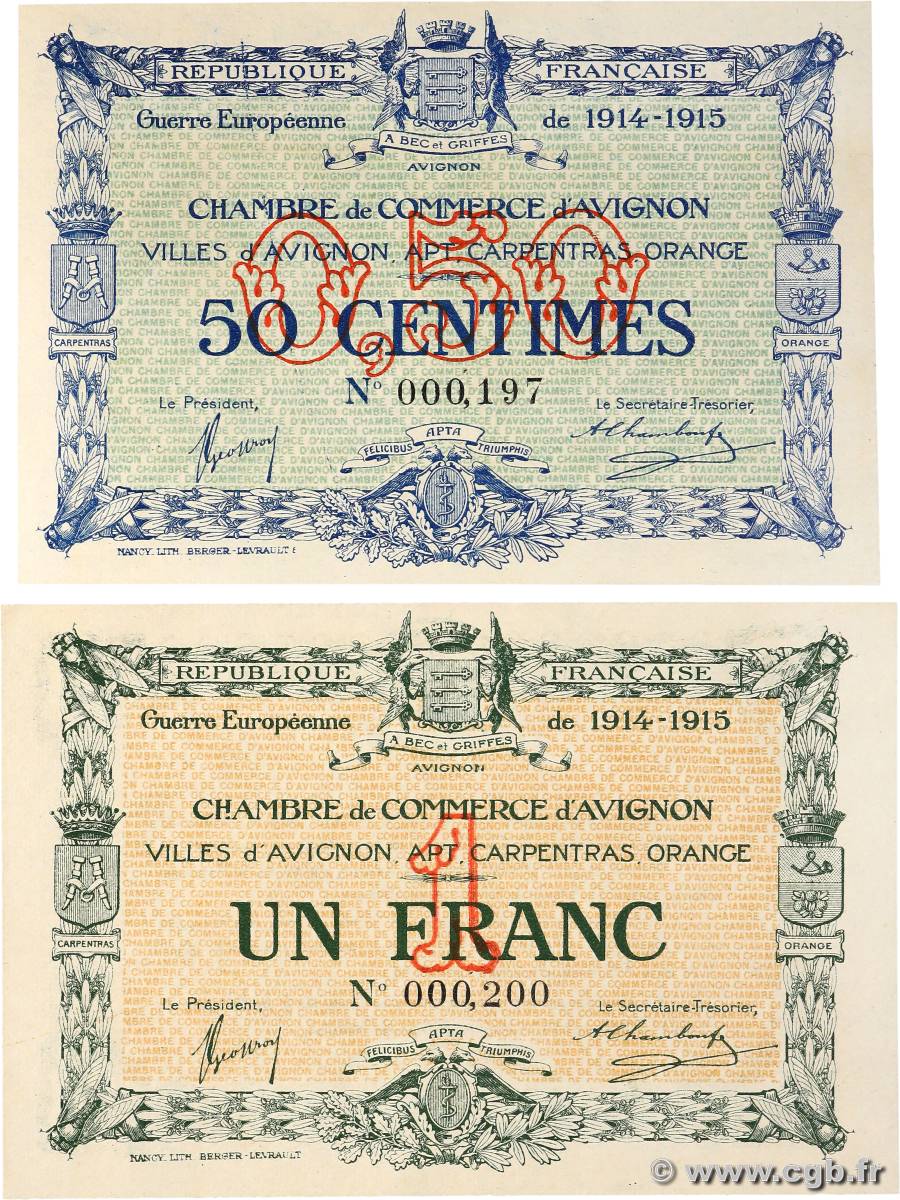 50 Centimes et 1 Franc Lot FRANCE régionalisme et divers Avignon 1915 JP.018.01 et 05 SPL