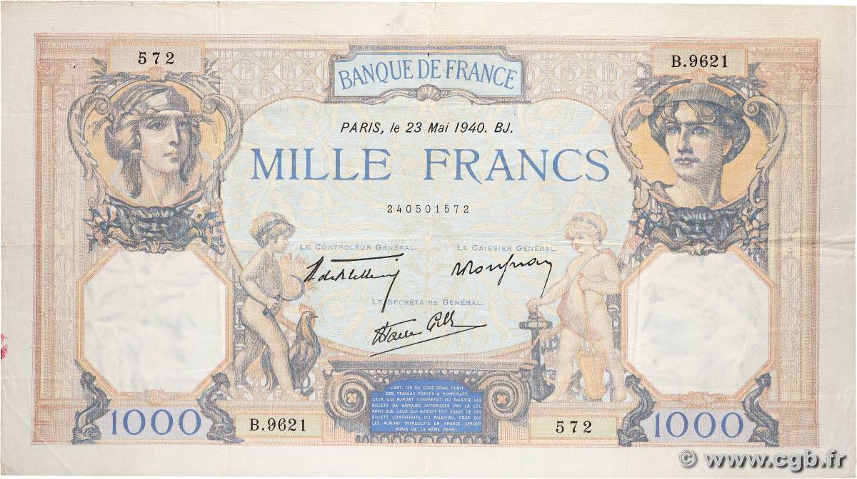 1000 Francs CÉRÈS ET MERCURE type modifié FRANCE  1940 F.38.47 VF-