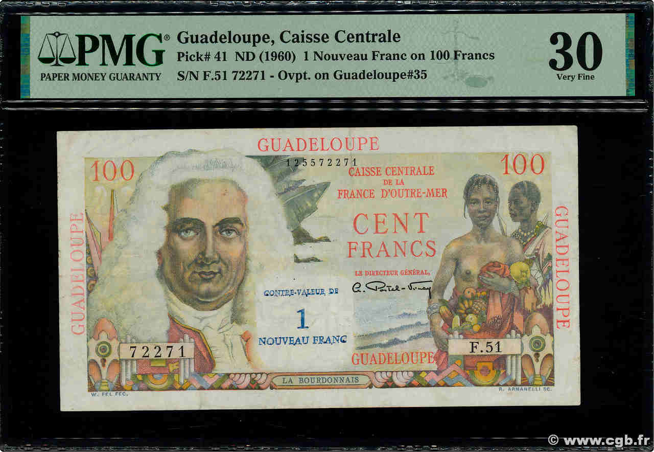 1 NF sur 100 Francs La Bourdonnais GUADELOUPE  1960 P.41 TTB