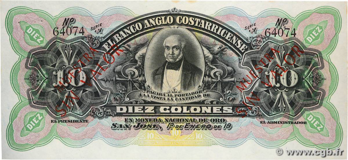 10 Colones Spécimen COSTA RICA  1917 PS.123s3 AU