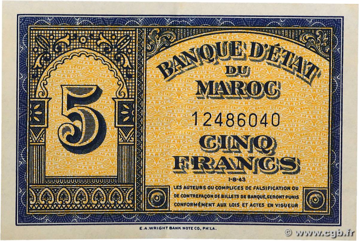 5 Francs MAROC  1943 P.24 SUP
