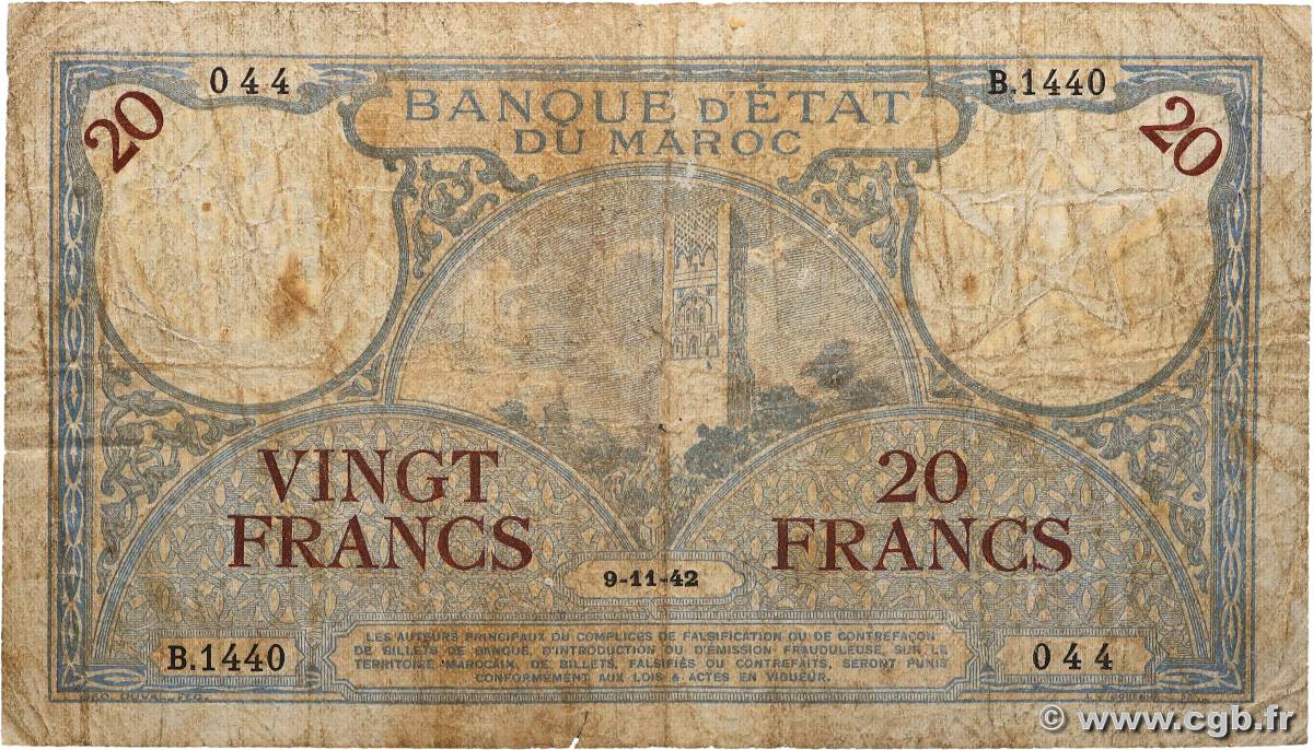 20 Francs MAROKKO  1942 P.18b SGE