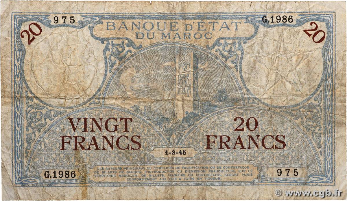 20 Francs MAROC  1945 P.18b B