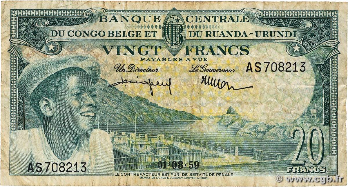 20 Francs CONGO BELGE  1959 P.31 TB