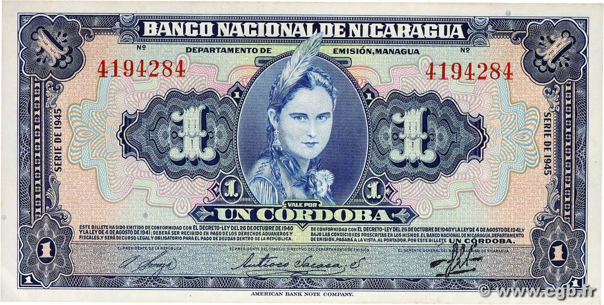 1 Cordoba NICARAGUA  1945 P.090b AU