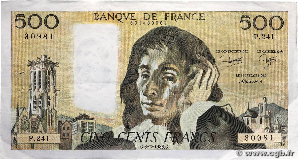 500 Francs PASCAL FRANCE  1986 F.71.34 TTB