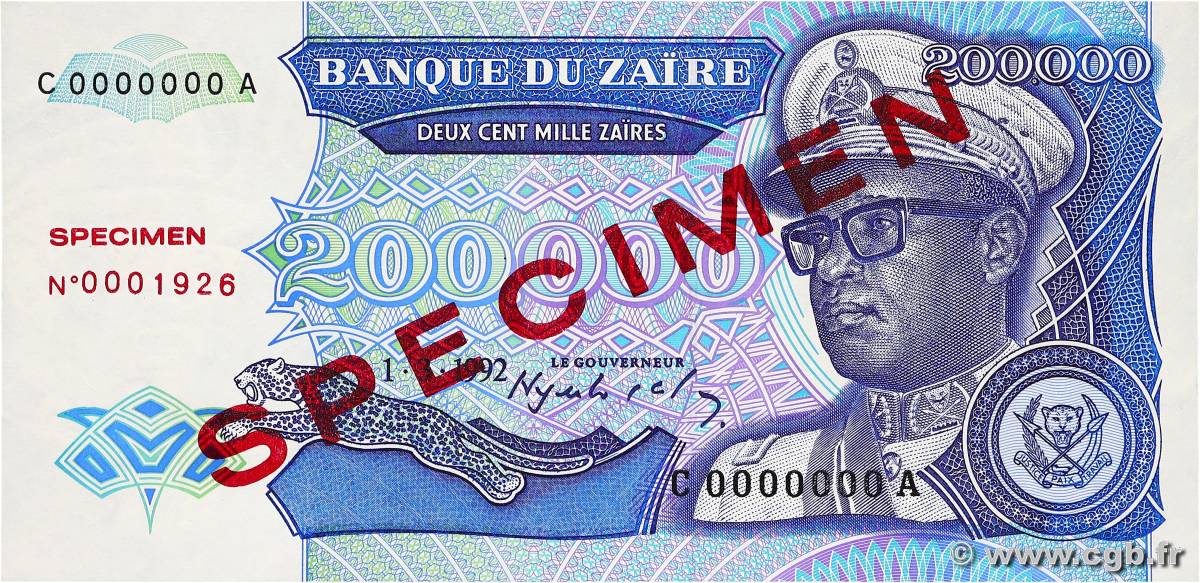 200000 Zaïres Spécimen ZAIRE  1992 P.42s UNC