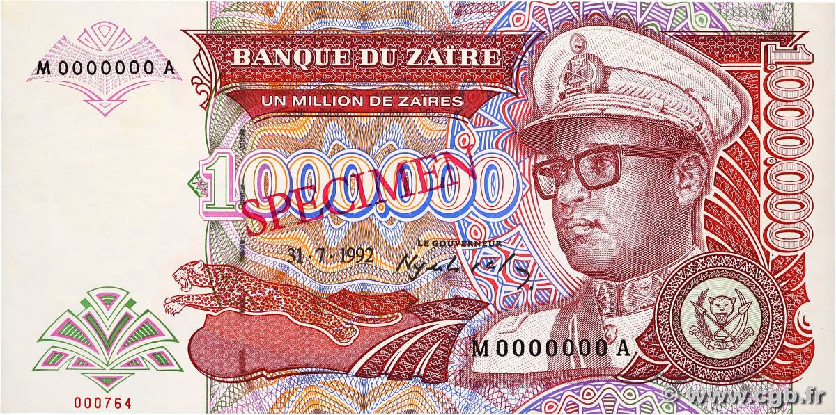 1000000 Zaïres Spécimen ZAIRE  1992 P.44s UNC-