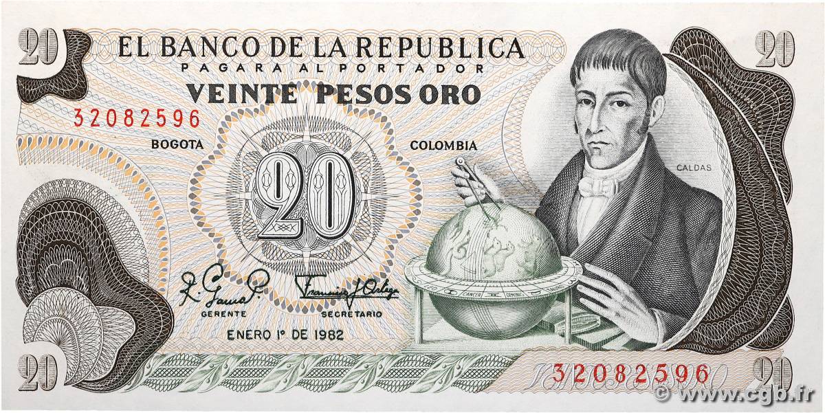 20 Pesos Oro COLOMBIA  1982 P.409d FDC