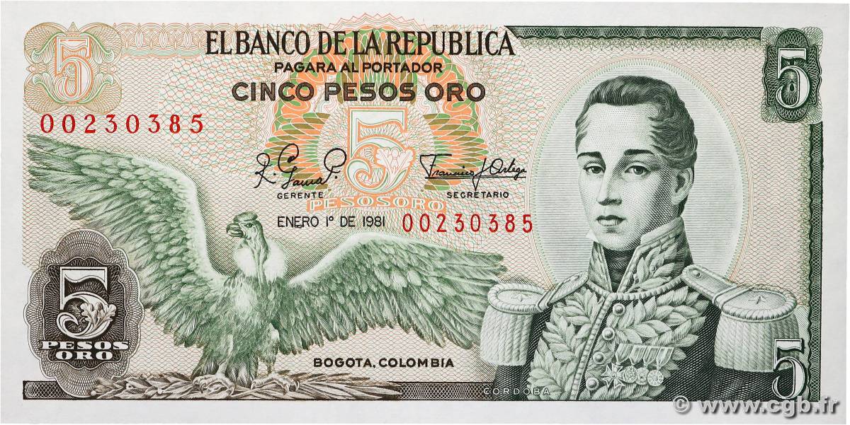 5 Pesos Oro COLOMBIA  1981 P.406f UNC