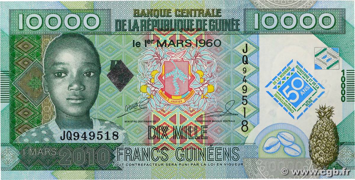 10000 Francs Commémoratif GUINÉE  2010 P.45 NEUF