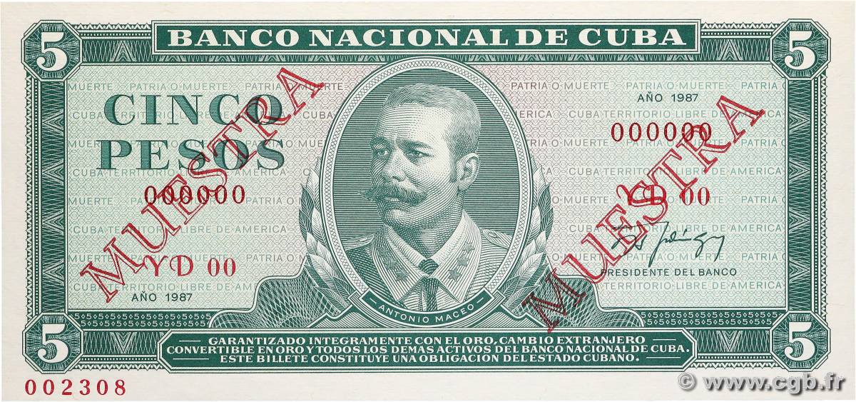 5 Pesos Spécimen CUBA  1987 P.103c NEUF