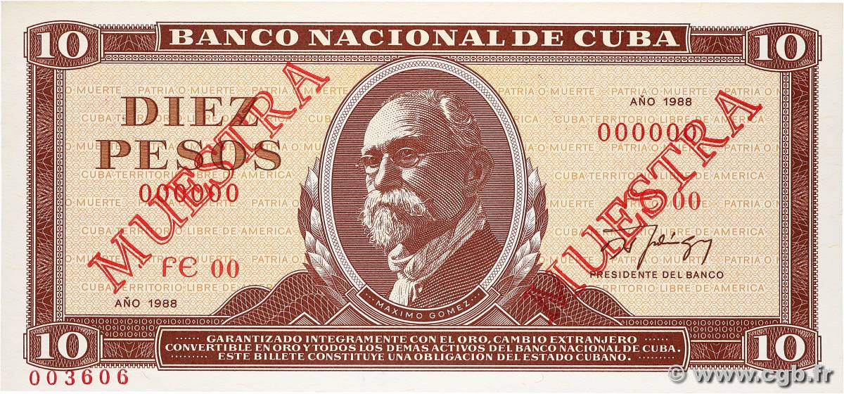 10 Pesos Spécimen CUBA  1988 P.104d UNC