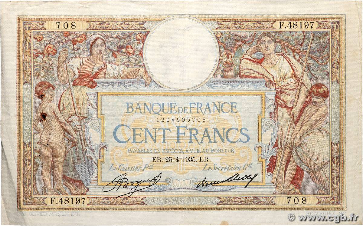 100 Francs LUC OLIVIER MERSON grands cartouches FRANCE  1935 F.24.14 TB+