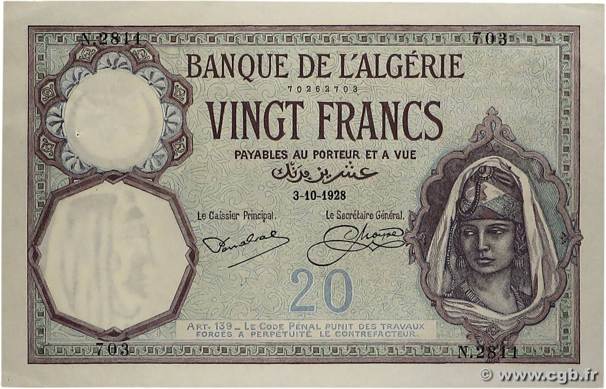 20 Francs ALGÉRIE  1928 P.078b SUP