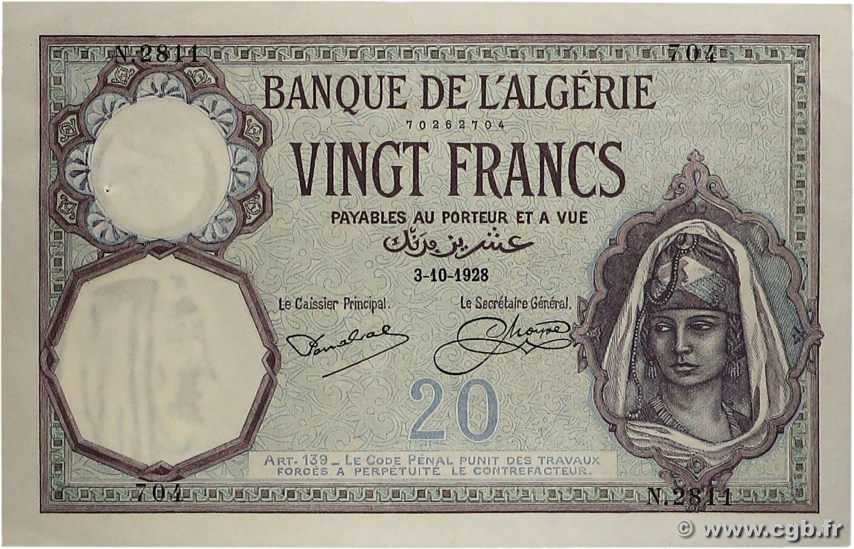 20 Francs ALGÉRIE  1928 P.078b SUP