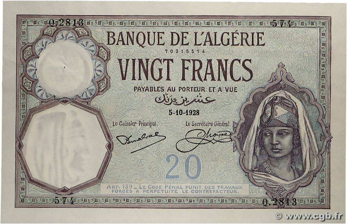 20 Francs ALGÉRIE  1928 P.078b SUP