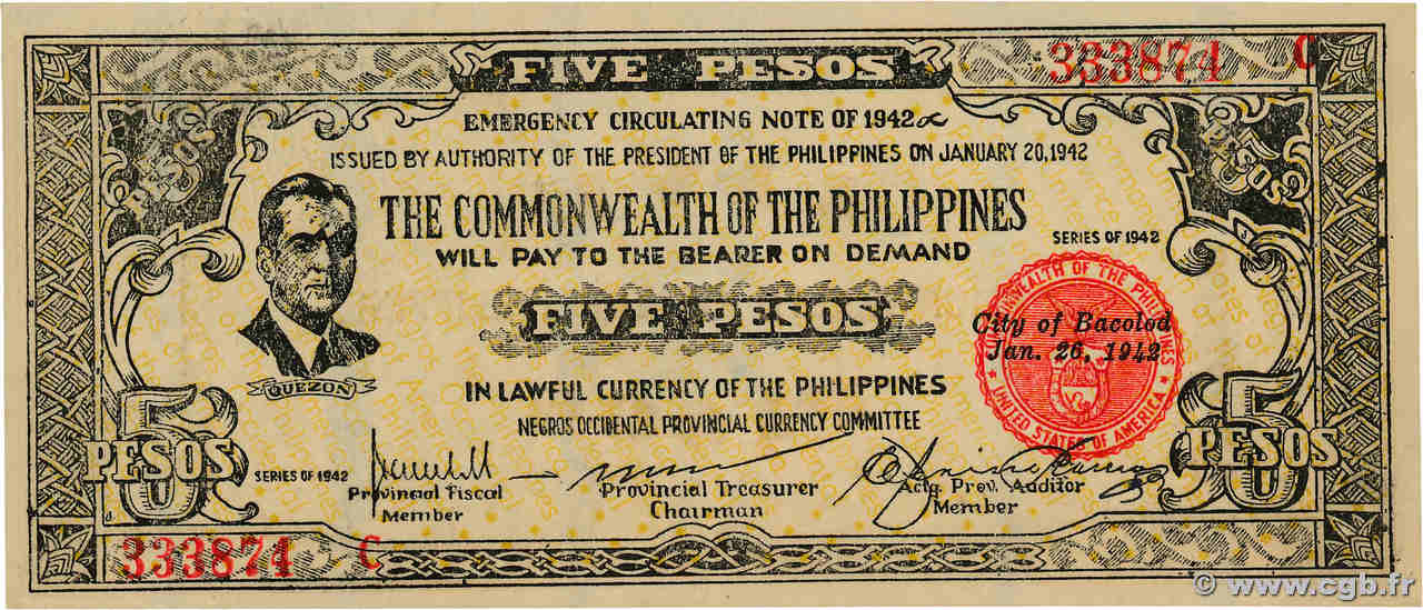 5 Pesos PHILIPPINES  1942 PS.648b UNC