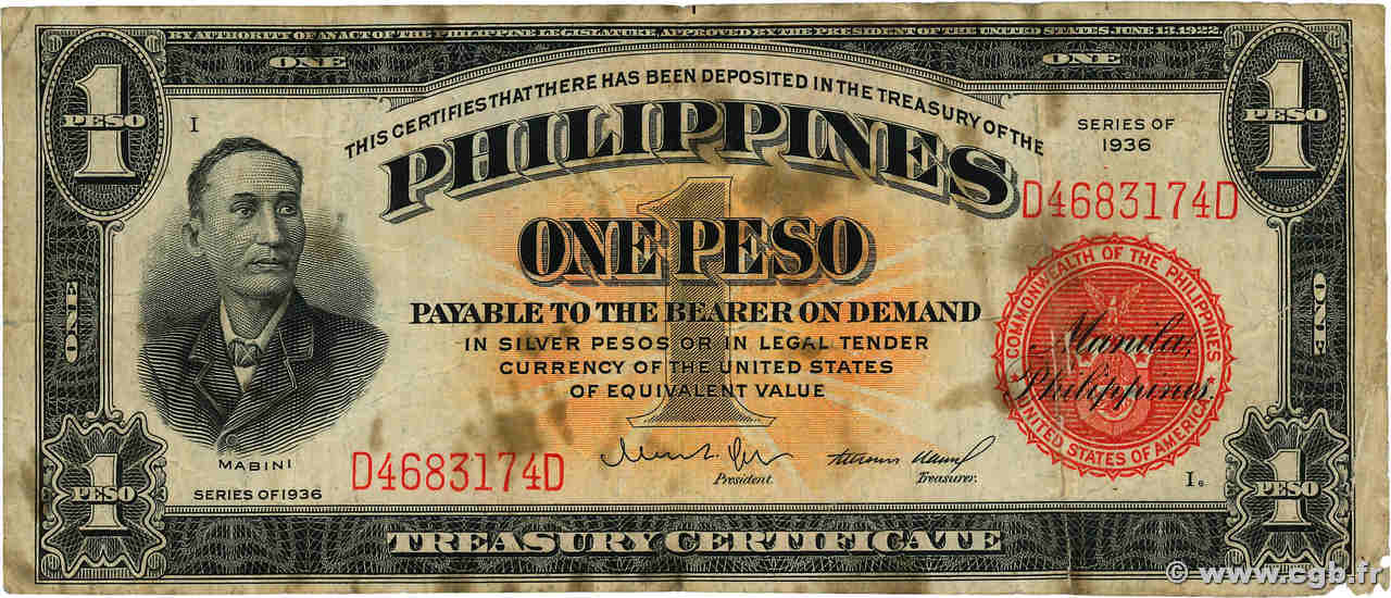 1 Peso FILIPPINE  1936 P.081 q.MB