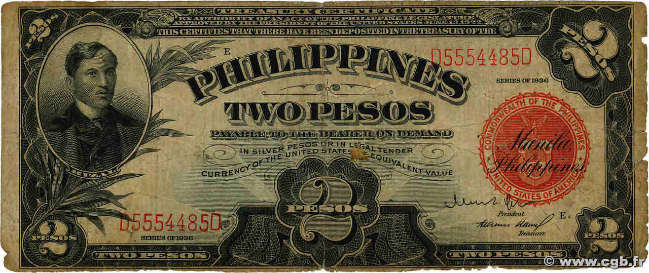 2 Pesos FILIPPINE  1936 P.082a B