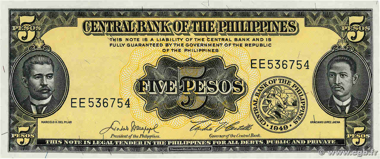 5 Pesos FILIPINAS  1949 P.135e FDC