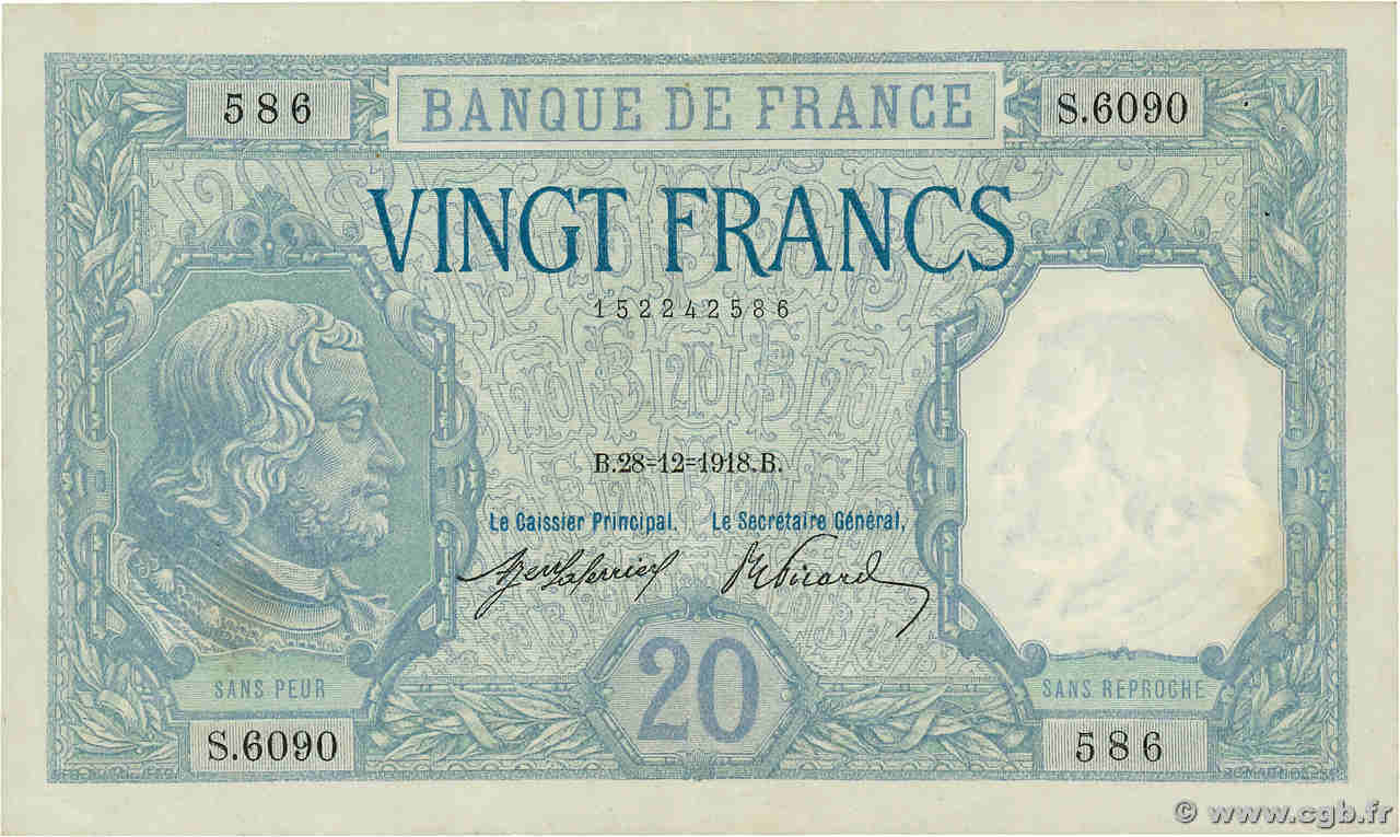 20 Francs BAYARD FRANCE  1918 F.11.03a VF+
