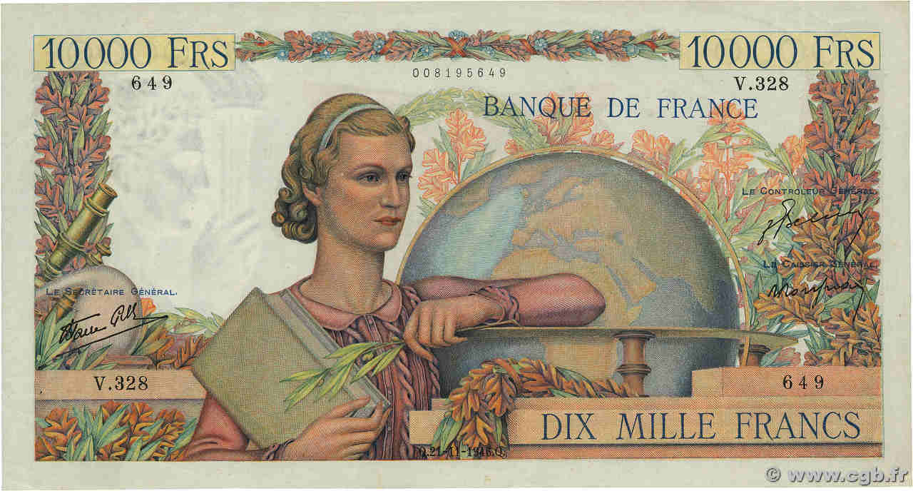 10000 Francs GÉNIE FRANÇAIS FRANCE  1946 F.50.14 VF