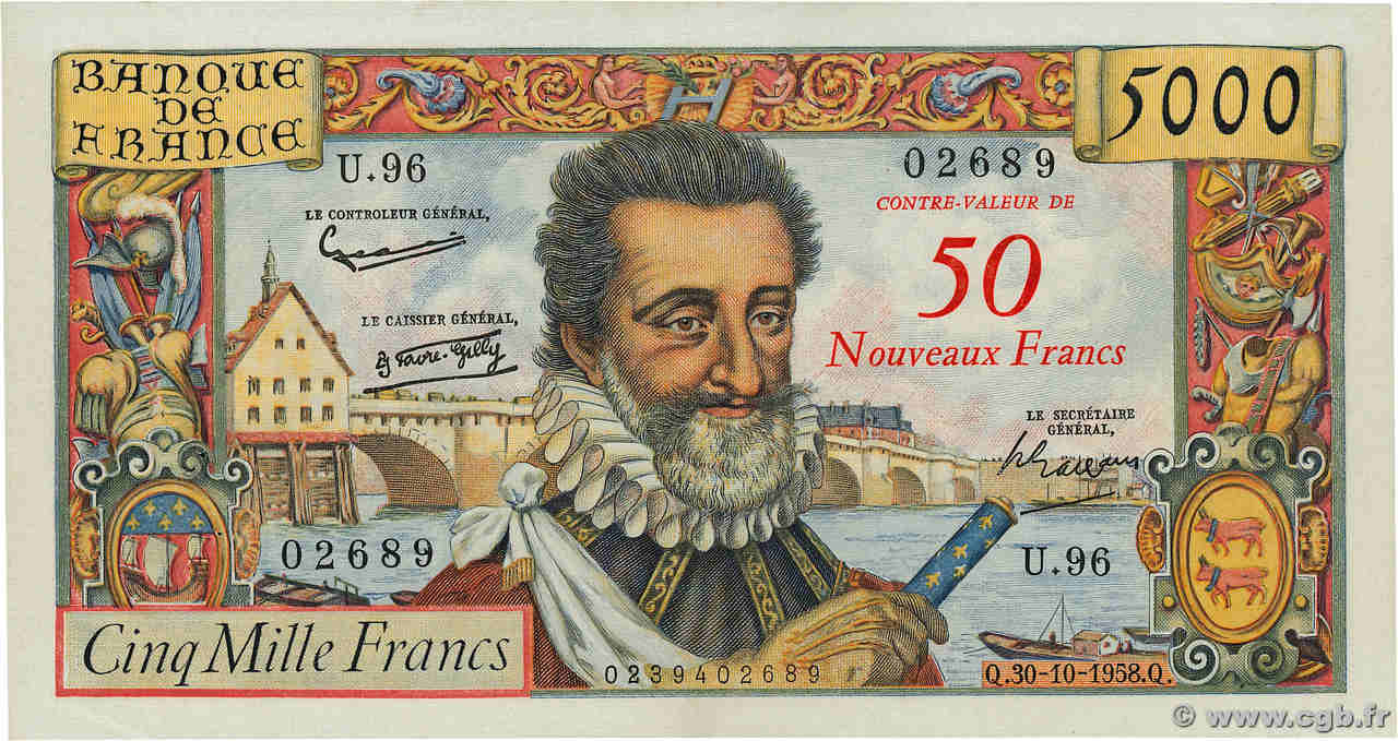 50 NF sur 5000 Francs HENRI IV FRANCE  1958 F.54.01 SUP
