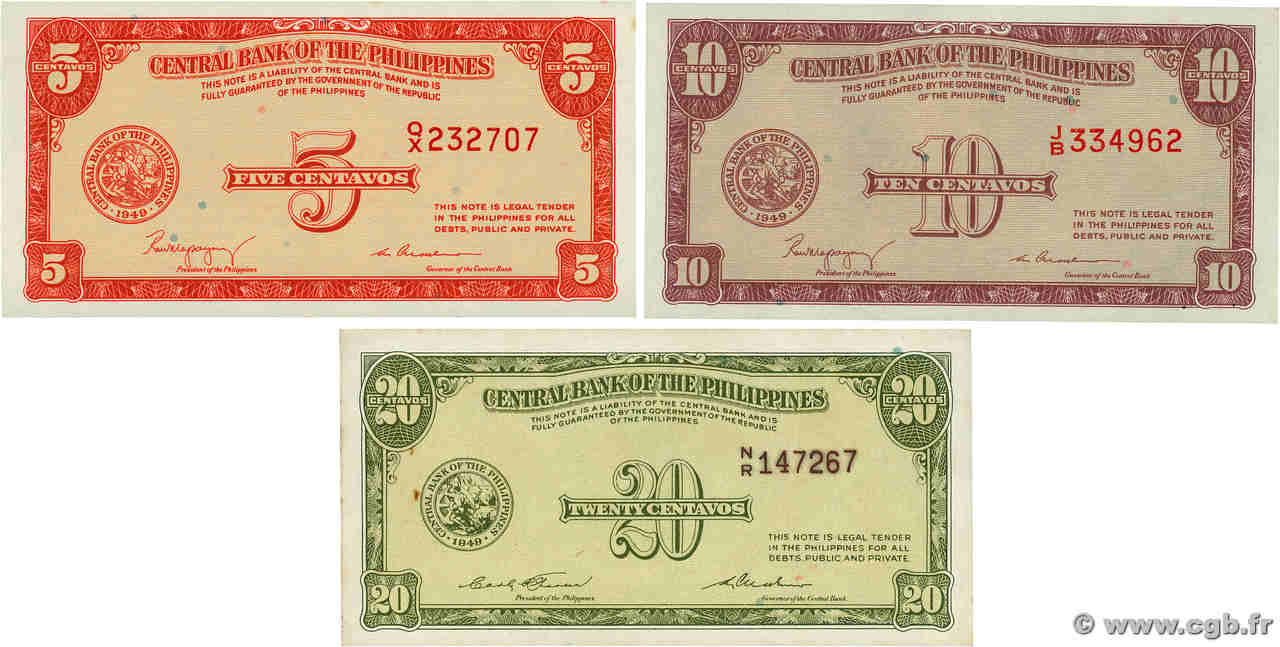 5, 10, 20 Centavos Lot PHILIPPINES  1942 P.126, P.128 et P.130b UNC-