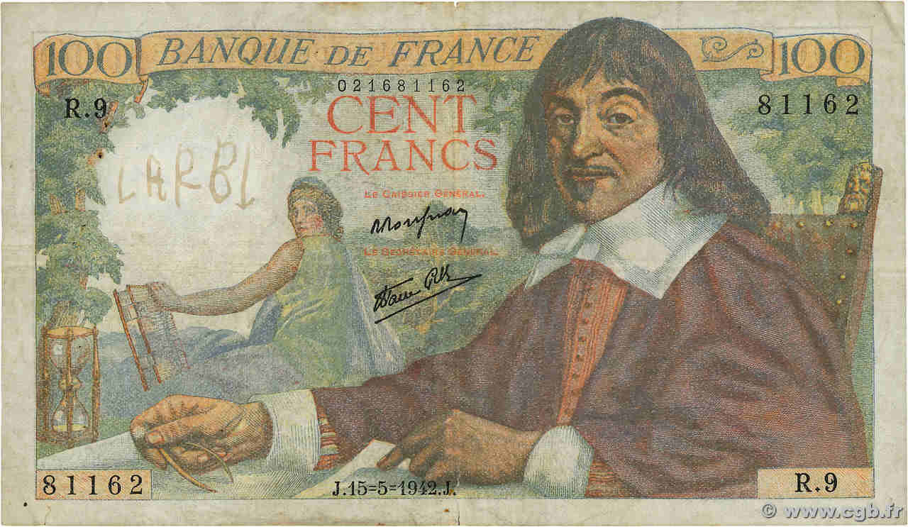 100 Francs DESCARTES FRANCIA  1942 F.27.01 RC+