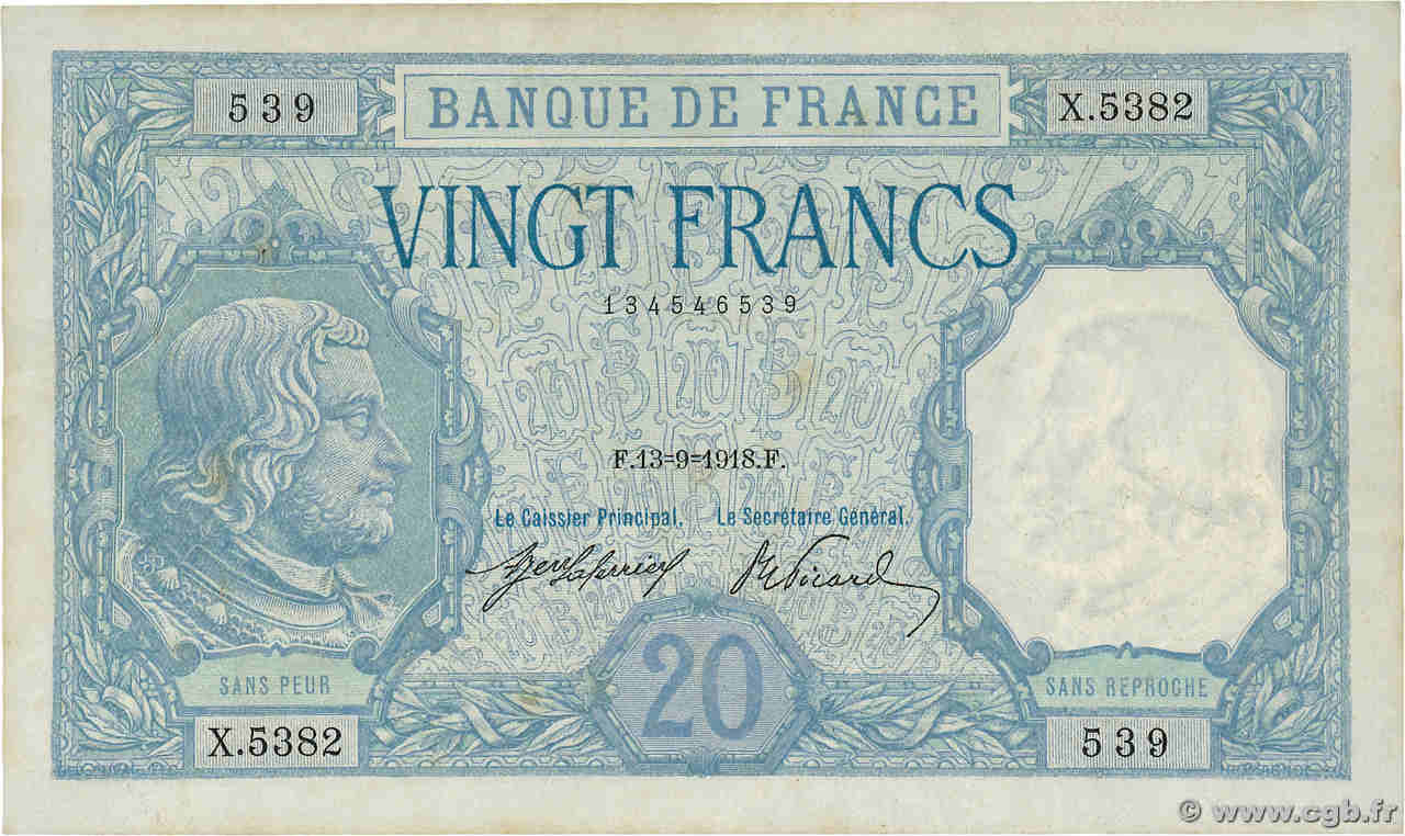 20 Francs BAYARD FRANCE  1918 F.11.03a TTB