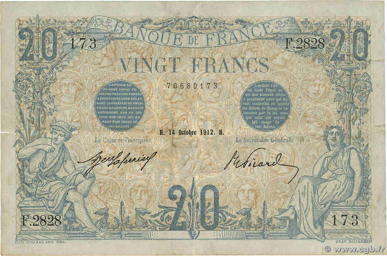 20 Francs BLEU FRANCE  1912 F.10.02 VF