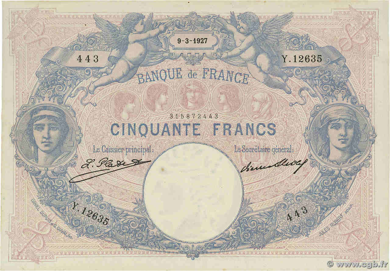 50 Francs BLEU ET ROSE FRANKREICH  1927 F.14.40 fVZ