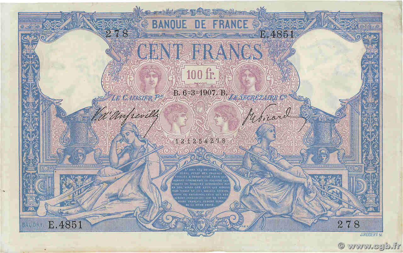 100 Francs BLEU ET ROSE FRANCE  1907 F.21.21 TTB