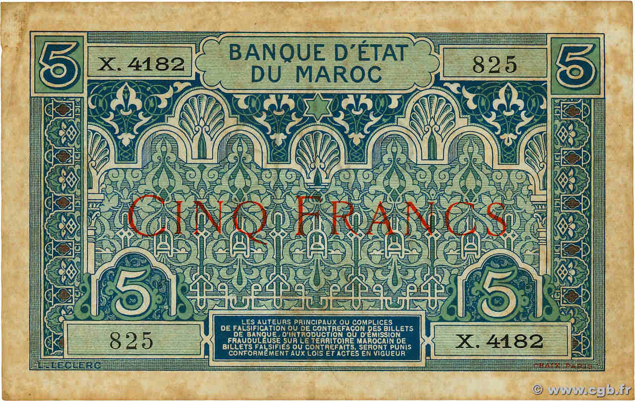 5 Francs MAROC  1924 P.09 pr.TTB