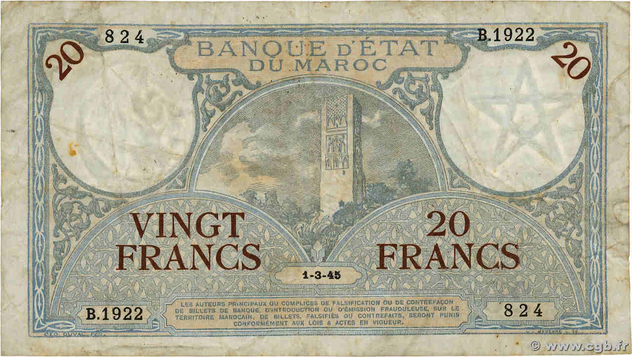 20 Francs MAROC  1945 P.18b TB