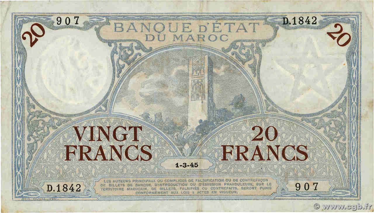 20 Francs MAROC  1945 P.18b TTB