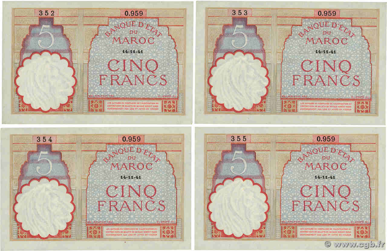 5 Francs Consécutifs MAROC  1941 P.23Ab SUP+