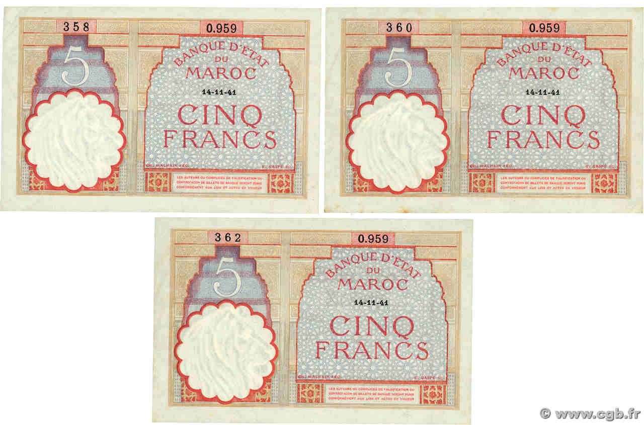 5 Francs Lot MAROC  1941 P.23Ab TTB à SUP