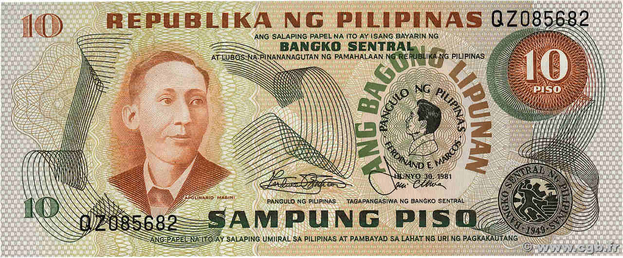 10 Piso Commémoratif FILIPINAS  1981 P.167a SC+