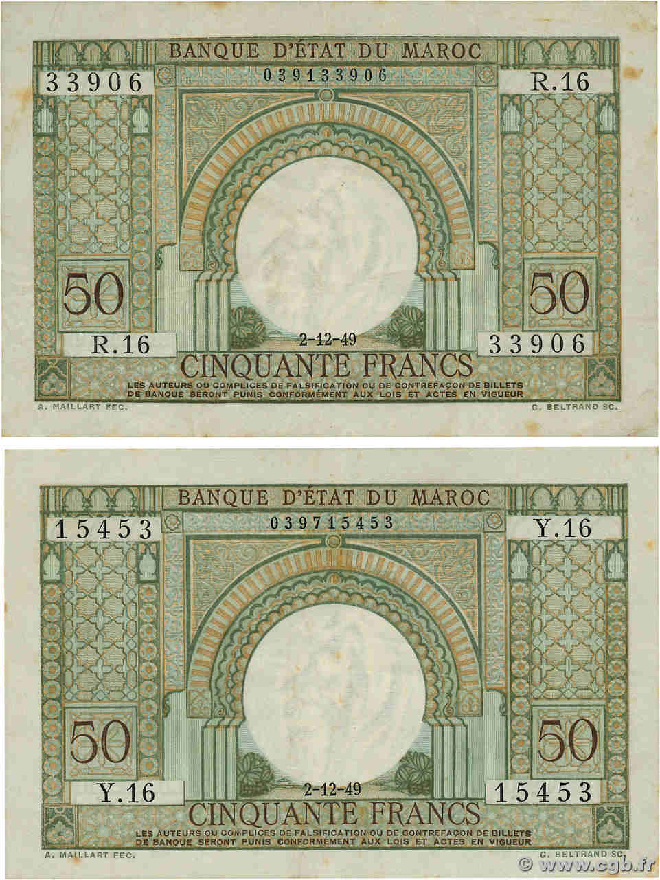 50 Francs Lot MAROC  1949 P.44 TB à TTB