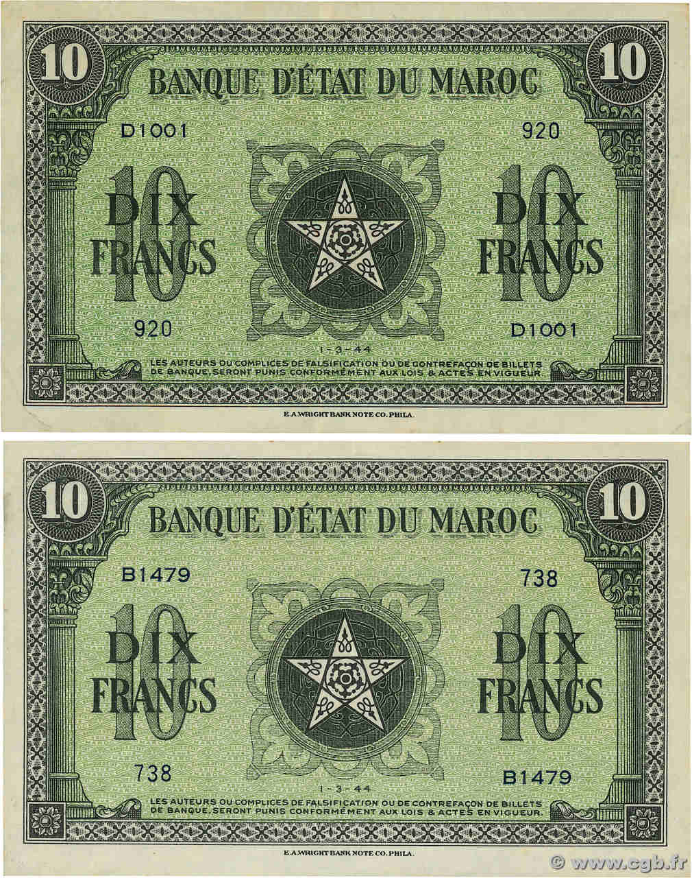 10 Francs Lot MAROC  1944 P.25 TTB à SUP