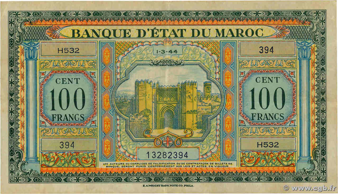100 Francs MAROC  1944 P.27 TTB+