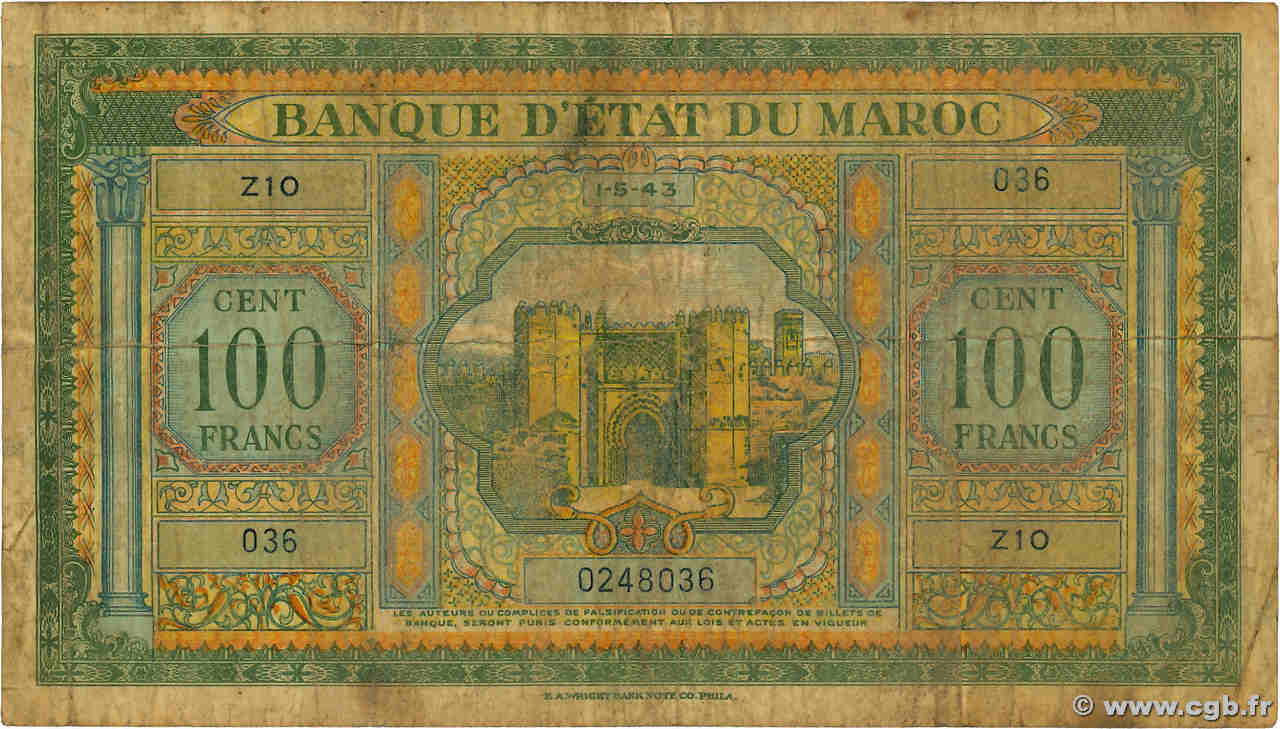 100 Francs MAROC  1943 P.27 TB