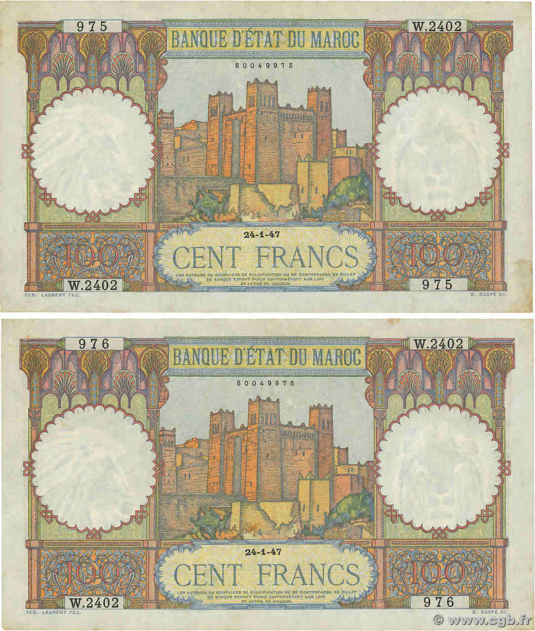 100 Francs Consécutifs MAROC  1947 P.20 TTB