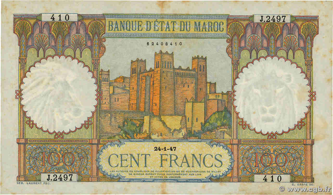 100 Francs MAROC  1947 P.20 TTB